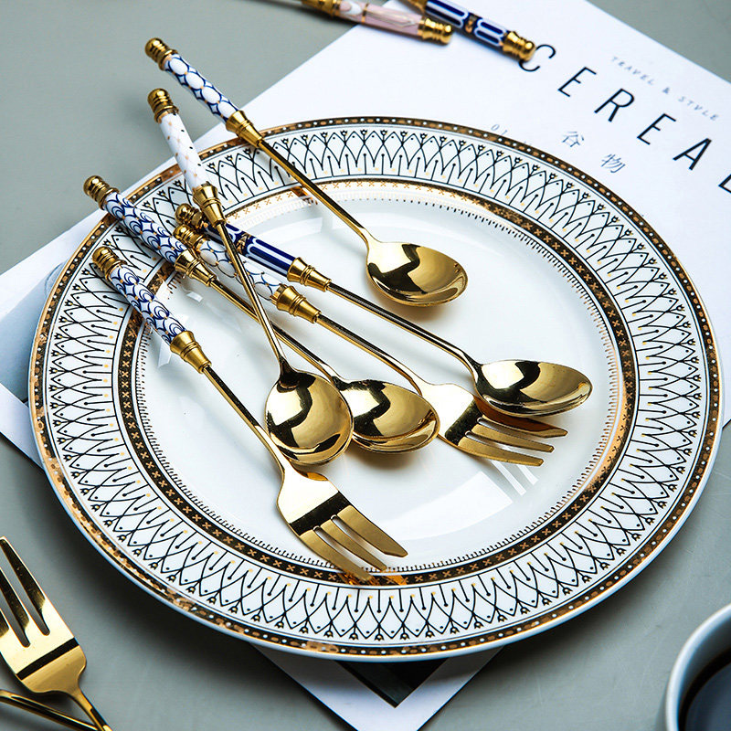 Sherio-style light luxury coffee spoon stainless steel small spoon ceramic spoon dessert fork spoon ice cream spoon