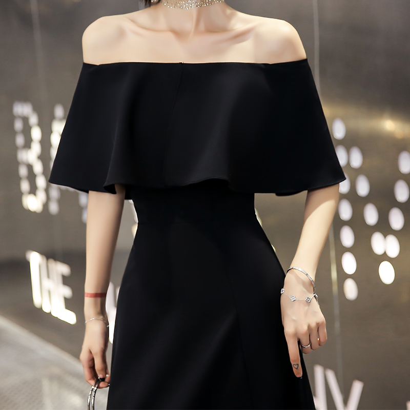 One-Shoulder Black Evening Dress, High-End Light Luxury Niche Adult Birthday Party Elegant Slimming Dress for Everyday Wear