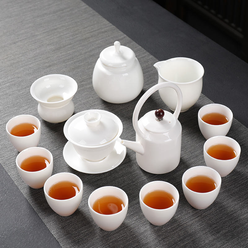 Dehua suet jade porcelain kung fu tea set a complete set of white porcelain tea tea tureen teapot teacup household ceramics