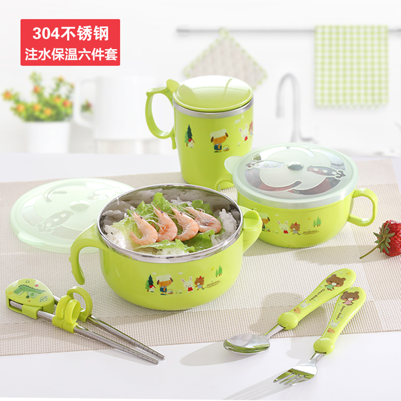 Children's tableware set Baby water injection insulation bowl Eating bowl Stainless steel drop suction cup bowl Baby auxiliary food bowl spoon