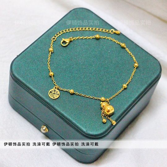 【洗澡不用摘】新款钛钢中国风镂空福牌转运流苏葫芦脚链 足链