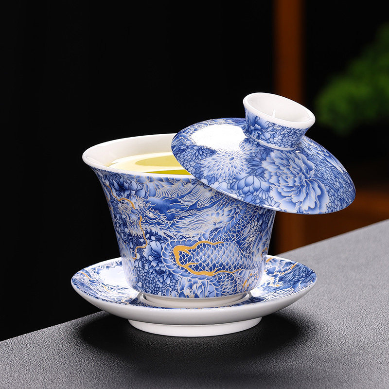 Large Capacity, Vintage Three-Piece Gaiwan with Rotating Lid, Made of Sheep Fat Jade, Suitable for Home Use, Tea Brewing Cup, Kung Fu Tea Set