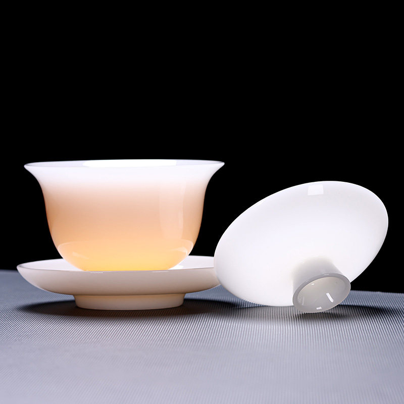 Dehua Ice Jade Cover Bowl Tea Cup Ceramic Tea Set Large Tea Brewing Device Home Kung Fu Three-Talent Tea Bowl Gift Box Set