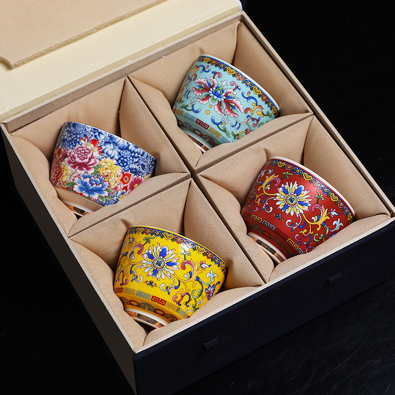 Enamel Kung Fu Tea Cup, Ceramic Tea Tasting Cup, Tea Set Set, Light Luxury Household Cup, Gold-Painted Master Single Cup for Men and Women