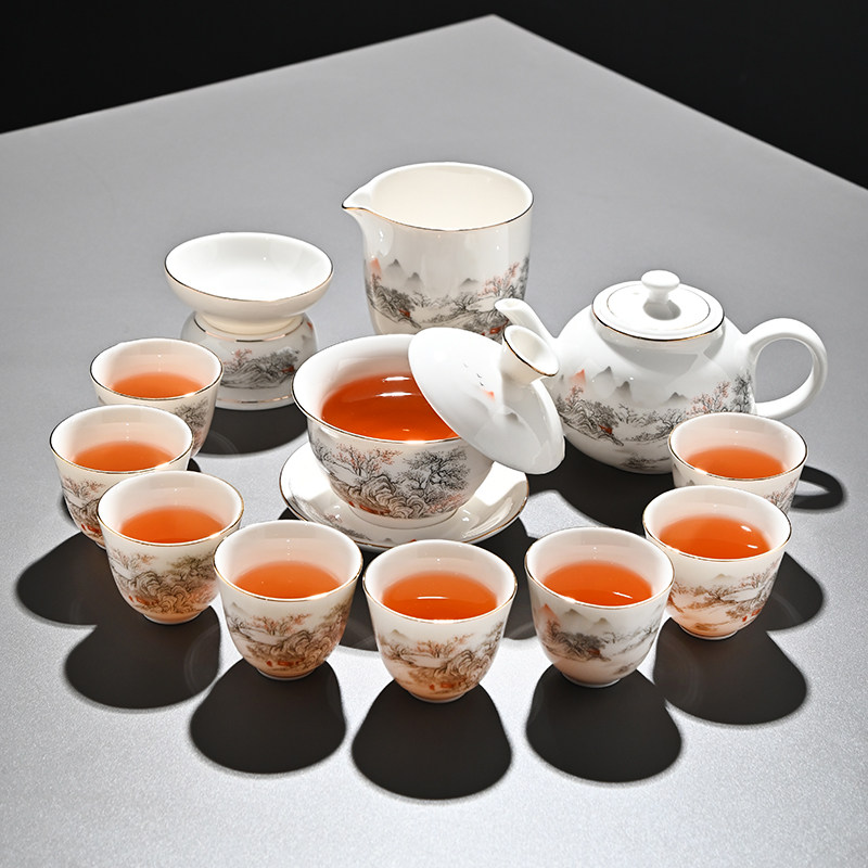 New Style Jadeite Floating Lid Tea Set, Light Luxury Household Kung Fu Tea Set, Living Room Tea Pot, Teacup, Tea Tray