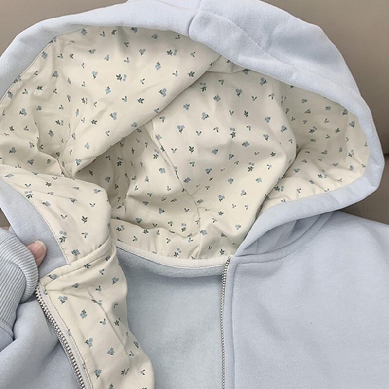 Floral Sweatshirt for Women, Milk Blue, Korean Style, Versatile, Spring, Autumn, and Winter, Hooded, American Style, Loose, Fleece-Lined, Thickened Jacket Top