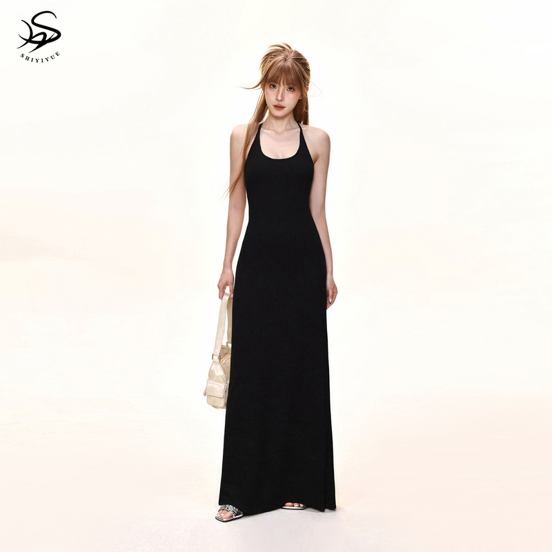 November Black Halter Neck Slip Dress for Women, Summer Elegant Niche Sleeveless Slim Fit Mid-Length Long Dress