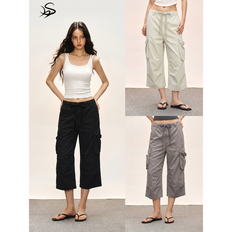 November Washed Workwear Capri Pants for Women, Summer Vintage Distressed Pleated Drawstring Hot Girl Loose Low-Waist Straight Pants