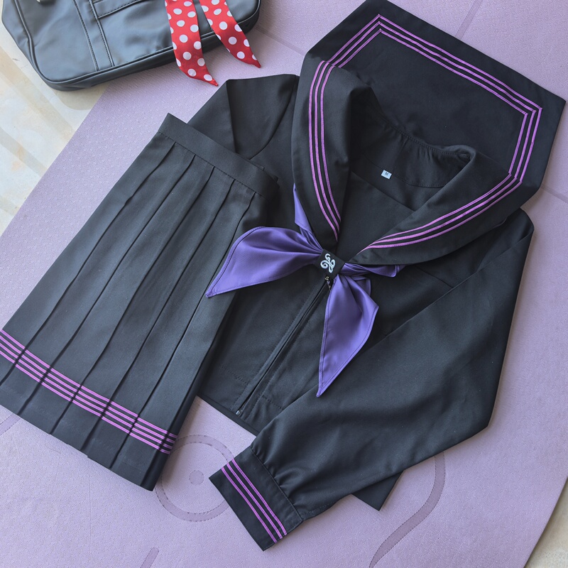 Basic Navy Collar Jk Uniform Class Uniform School Uniform Black and Purple Three-Striped Sailor Uniform Graduation Long-Sleeve Scarf Set