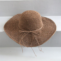 (Elegant)pepper handmade dark brown crochet straw hat can be concave shape large cornice hat female foldable sun hat