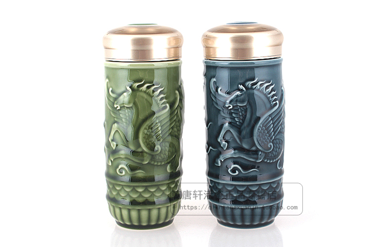 Do Tang Xuan porcelain cup dragon horse spirit double portable water glass cup with cover cup with creative trend