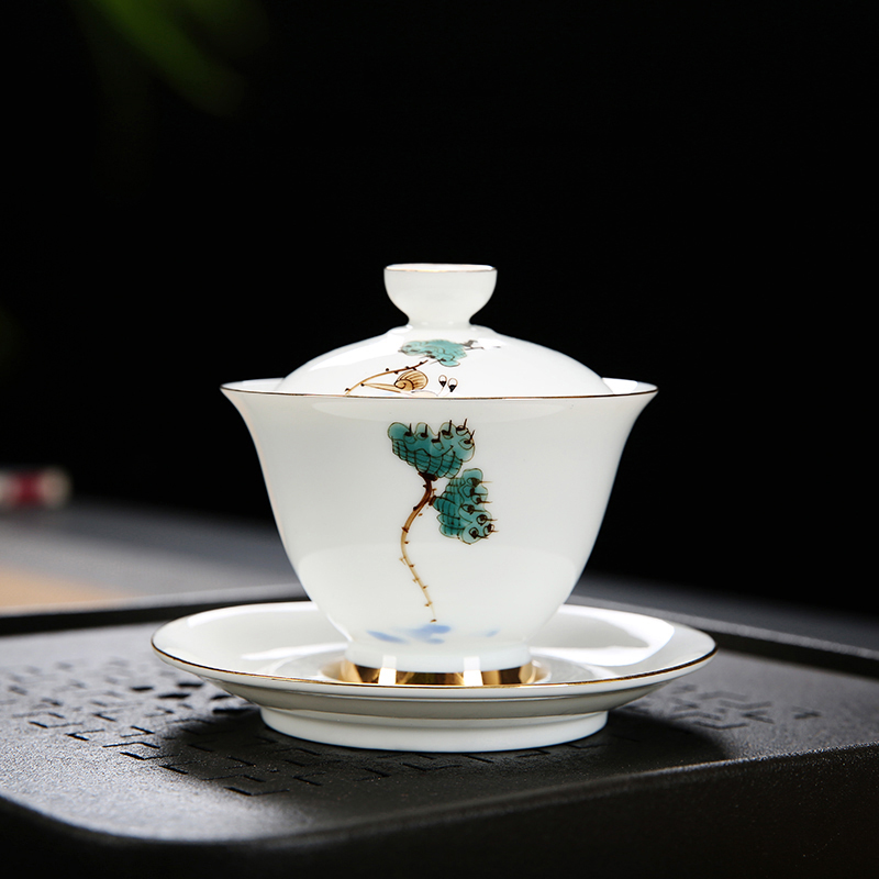 White porcelain kung fu tea set suit household contracted cup six dehua hand - made tureen tea cup set