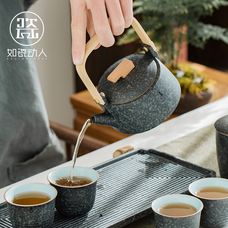 To the as porcelain and moving Japanese kung fu tea set suit household contracted coarse pottery plate girder pot a pot of four cups of dry mercifully customization