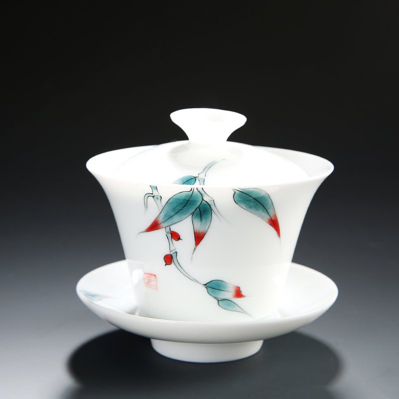 Hand - made tureen ceramic cups kung fu tea set home tea bowl tureen dehua white porcelain and three cups