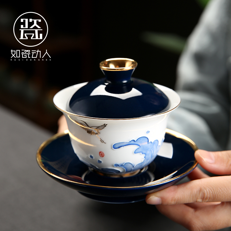 Such as porcelain touching white porcelain three-only cover bowl tea cup tea road 6 gentleman hand-painted relief util tea with tea tea pot single