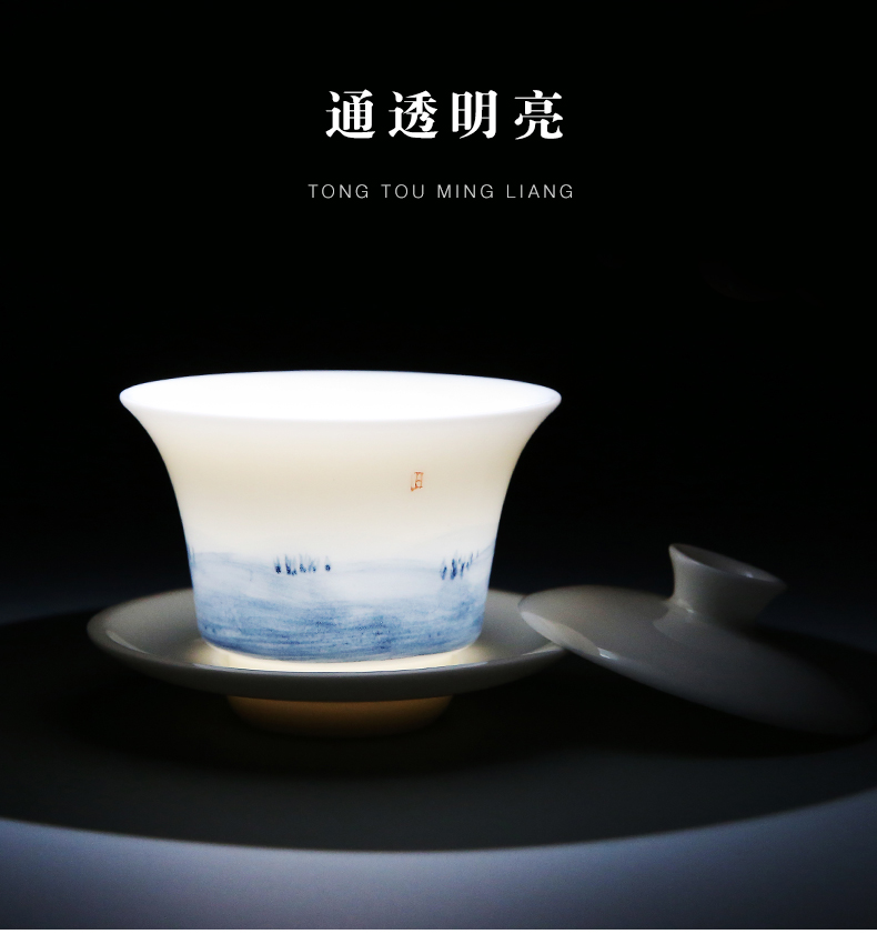 Hand - made tureen ceramic cups kung fu tea set home tea bowl tureen dehua white porcelain and three cups