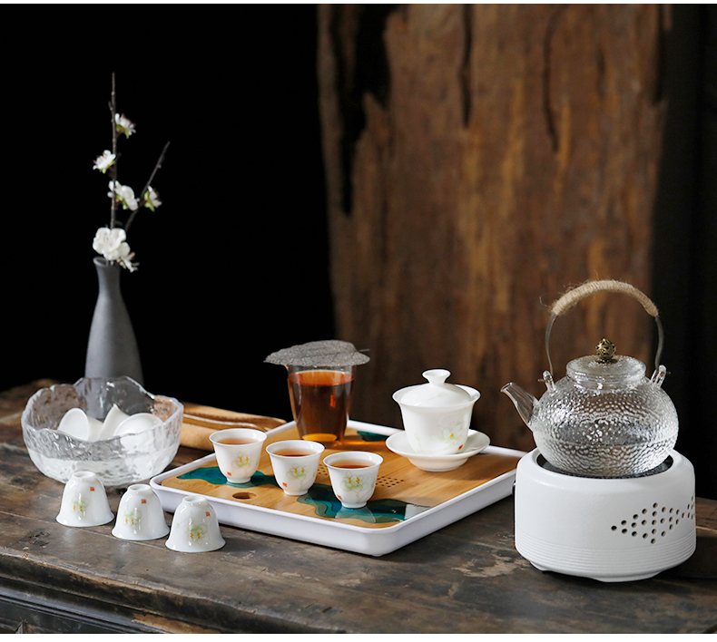 Japanese kung fu tea set suit household contracted dehua white porcelain tureen zen electric TaoLu small cups tea tray suits for