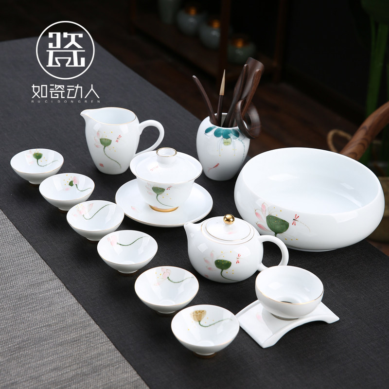 Such as porcelain touching hand plotter Gongfu tea furniture cover group home living room white porcelain cover bowl tea cup whole set of teapot sets