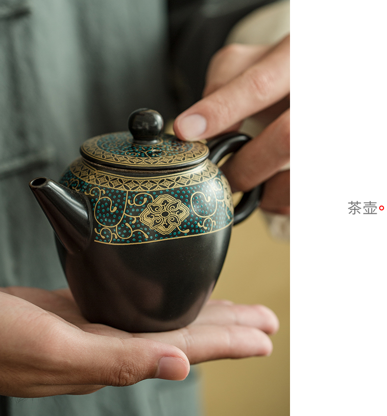 Kung fu tea set suit household paint ceramic teapot restoring ancient ways is a complete set of office tea tureen tea cups of black pottery