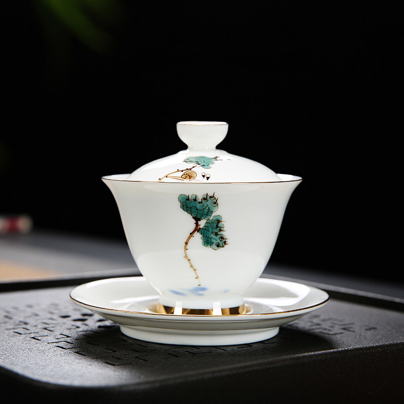 Hand Painted Lid Bowl Tea Cup Ceramic Kongfu Tea Furniture Home Big Number Tea Bowl Cup White Porcelain Toast to Bowl Single