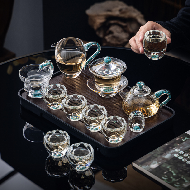 Turquoise Crystal Glass Tea Set, Light Luxury Gaiwan Tea Cup, High-End Household Complete Kung Fu Tea Set with Tea Tray Turquoise Crystal Glass Tea Set, Light Luxury Gaiwan Tea Cup, High-End Household Complete Kung Fu Tea Set with Tea Tray