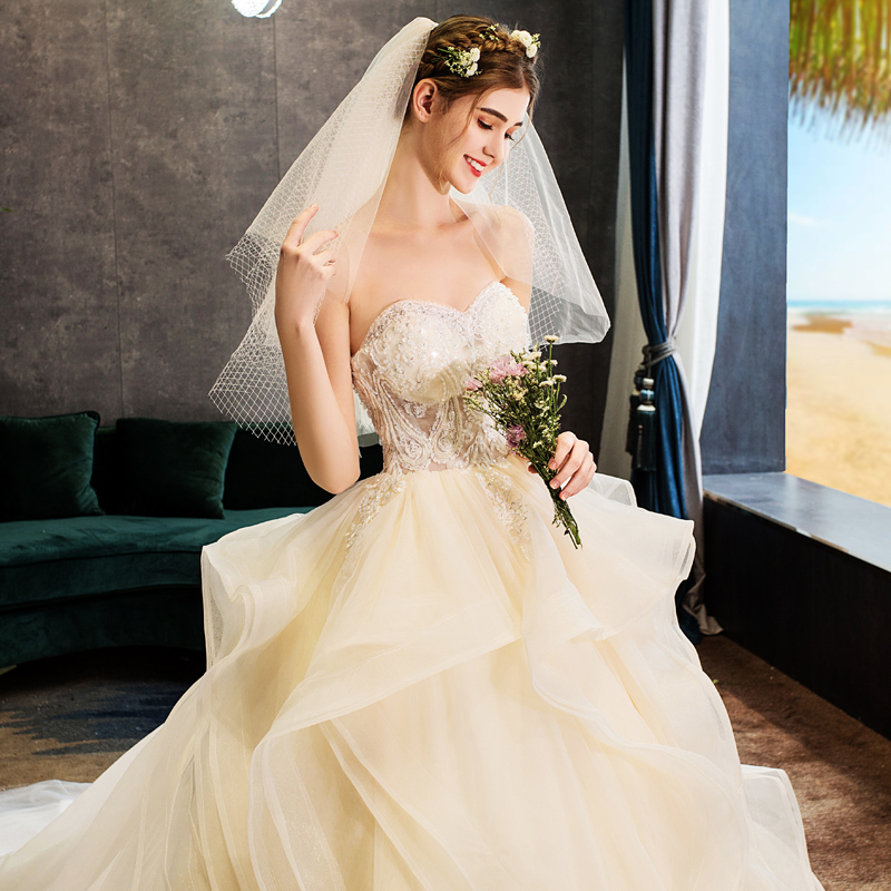 Retro tube top wedding dress 2023 new bride Mori style tail French fugitive princess big tail