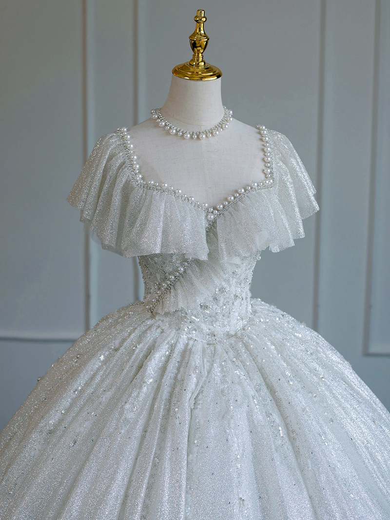 2021 new wedding dress female heavy industry French retro square collar small bride trailing main yarn to cover thick arms spring and summer