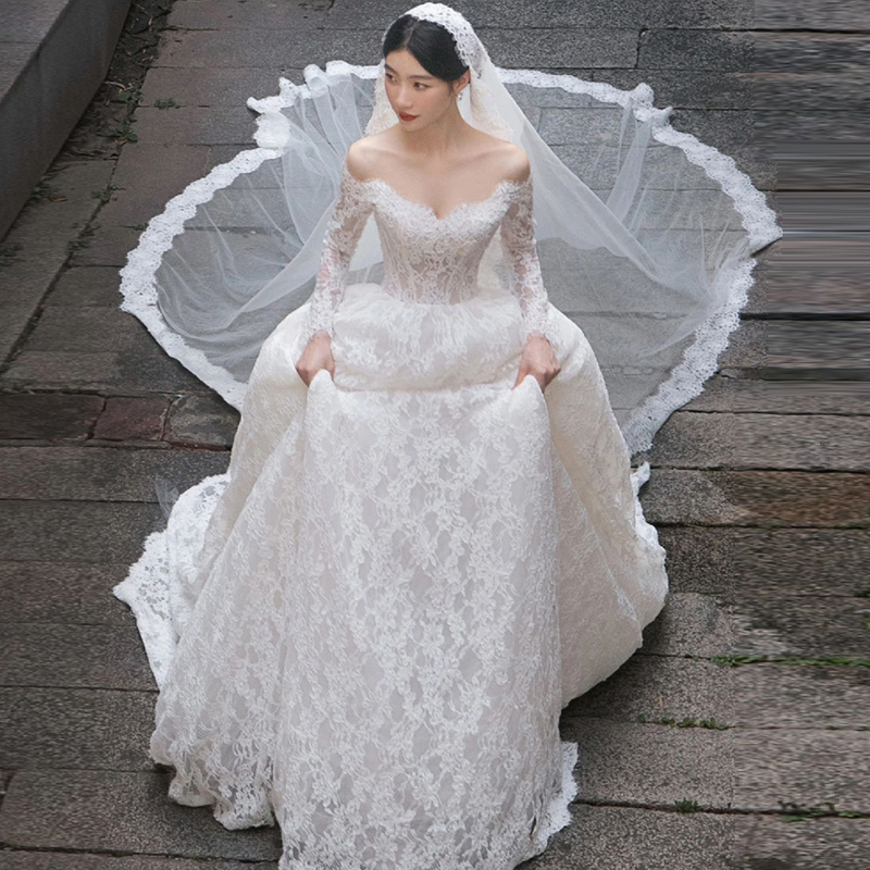 One-Shoulder Long-Sleeve Bridal Gown 2026 New Lace Heavy-Duty High-Quality French-Style Train Wedding Dress for Autumn One-Shoulder Long-Sleeve Bridal Gown 2026 New Lace Heavy-Duty High-Quality French-Style Train Wedding Dress for Autumn