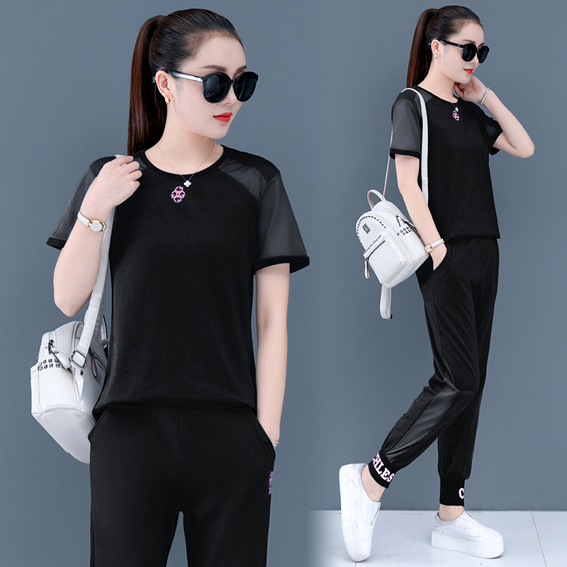 Summer Outfit nữ 2020 mới thể thao Casual thời trang Hàn Quốc Set Loose ngắn tay mõm hai mảnh