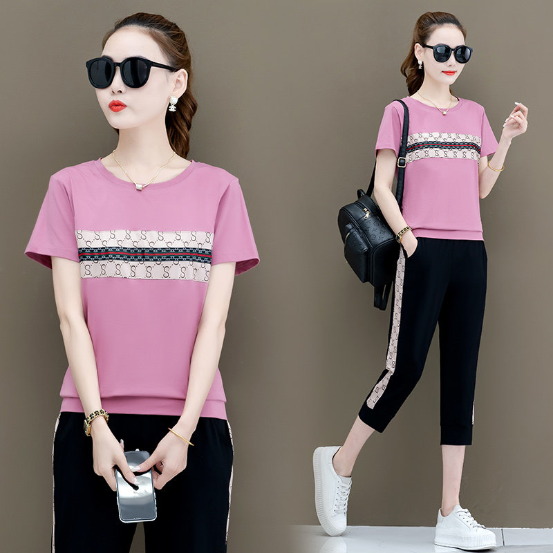 Casual Fashion Suit Women 2022 Summer New Wave Foreign Pie Short Sleeves Seven Pants Summer Sportswear Two Sets