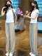 Summer clothes are paired with a set of Korean-style high-end slim-fitting fashion pure cotton T-shirts, high-waisted slimming casual ice silk wide-leg pants
