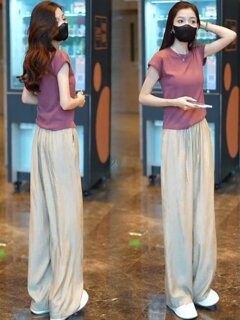 Summer clothes are paired with a set of korean-style high-end slim-fitting fashion pure cotton t-shirts, high-waisted slimming casual ice silk wide-leg pants