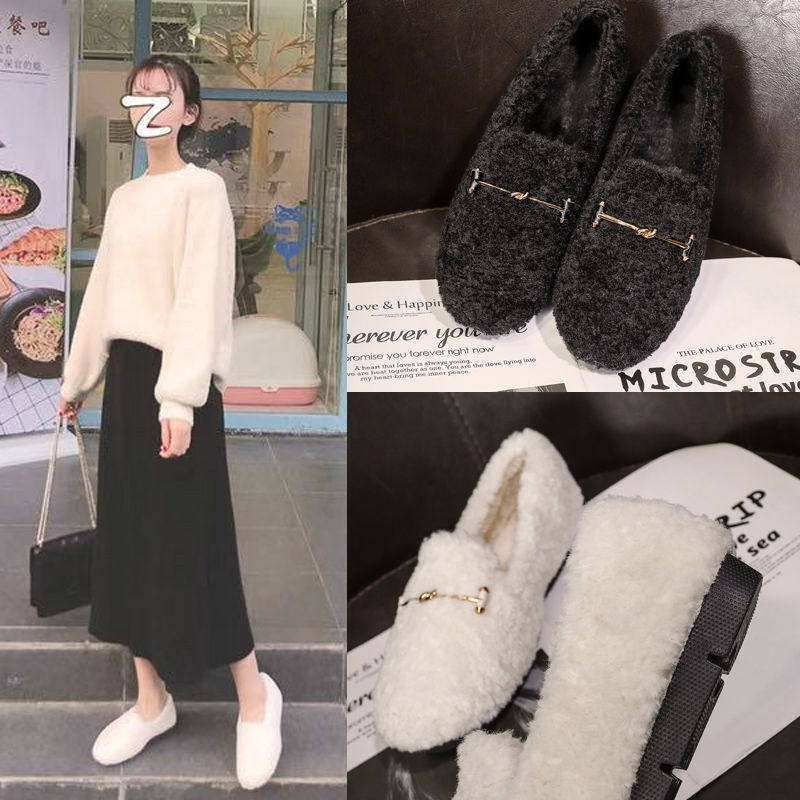 Lamb wool shoes women's winter outerwear 2020 new flat-bottomed all-match women's shoes net red plus velvet peas shoes autumn and winter