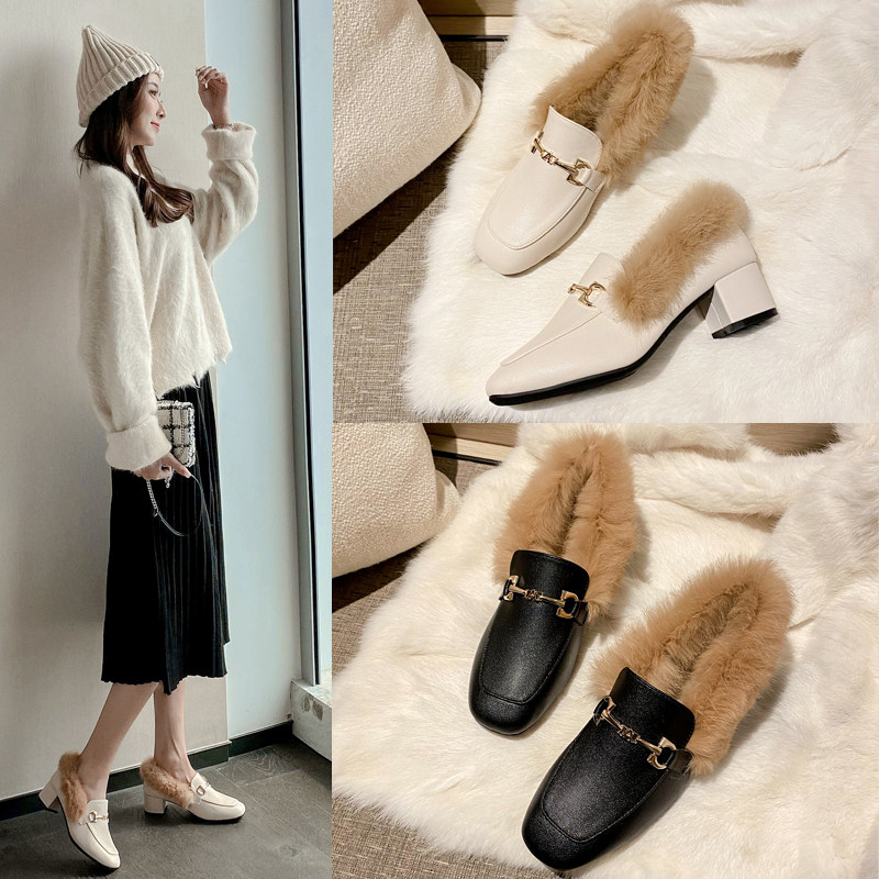 Internet celebrity fur shoes winter wear 2022 new autumn women's shoes plus velvet peas shoes all-match rabbit fur leather shoes - Taobao