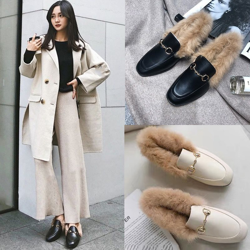 Plush shoes women's rabbit fur 2022 new autumn and winter net red women's shoes winter outer wear plus velvet one pedal Peas shoes