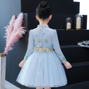 Cô gái mùa xuân dress 2020 mùa xuân cho trẻ em Váy dài tay áo màu xanh công chúa váy Xuân Thu Air Cheongsam váy