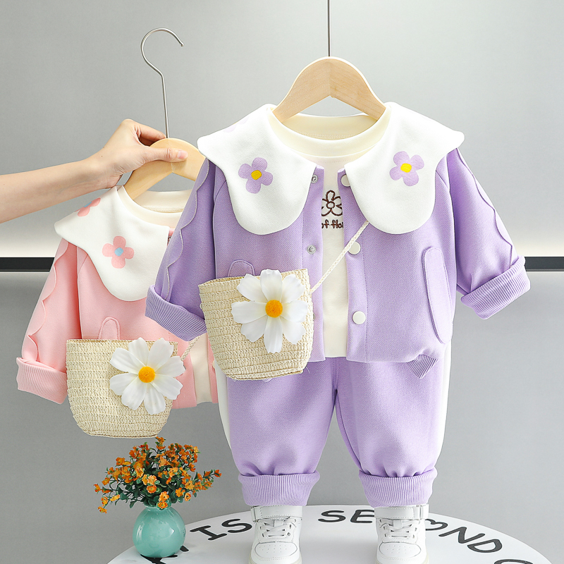 Girls' Shoulder Bag Outfit Set, Stylish Spring Clothes for Babies, Fashionable Clothes for Spring and Autumn, Three-Piece Set for Infants and Toddlers