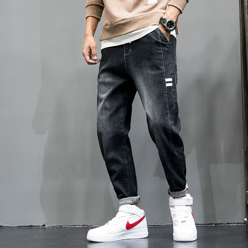 Tide micro jeans men and Korean version of a band letter drawing rope casual pants fat man fat man fat size loose pants