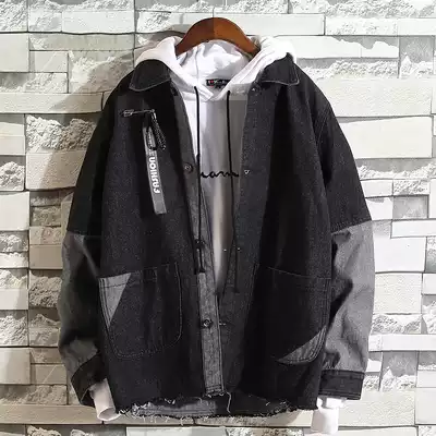Tide brand stitching lapel casual jacket men Korean version ulzzang thin denim jacket harbor wind ins loose top
