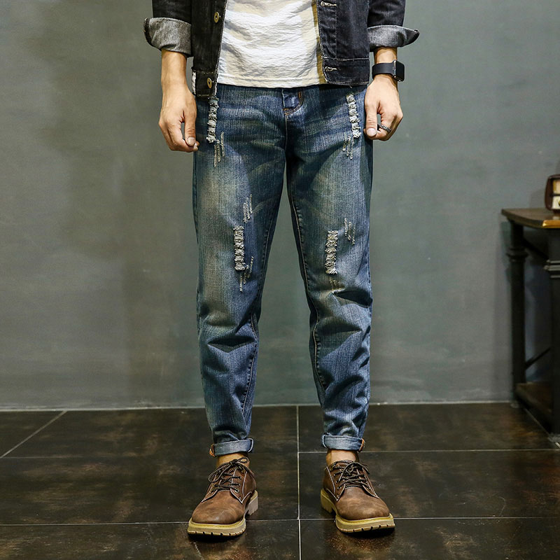 Trendy brand ripped elastic jeans men's fat plus size fat harem pants Japanese retro loose hip-hop pants