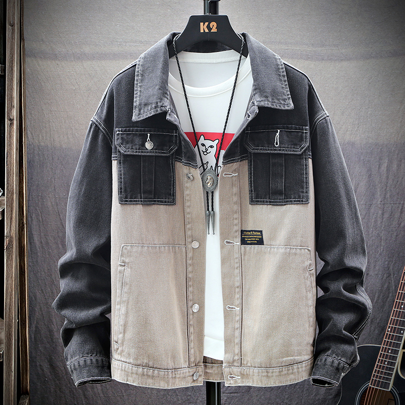 Tide Card Splicing Denim Jacket Male Korean version Fashion casual personality jacket male large size easy to turn over jacket jacket
