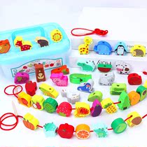 Animal Fruit String Beads Threading Through Rope Wooden Building Blocks Wearing Beads Early Teach Enlightenments Baby Toys