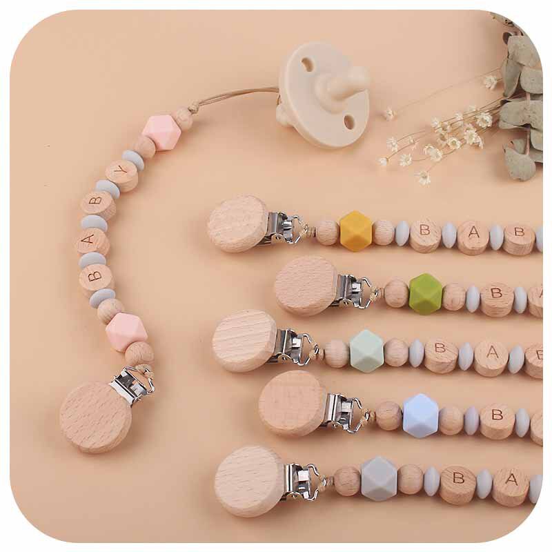 DIY Creative Baby Supplies Beech Wood Flat Nipple Clip DIY baby name Grinding Tooth Appeasement Silicone Pacifier Chain
