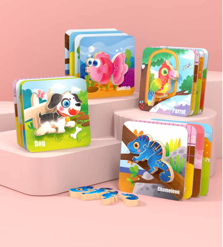Children's wooden cartoon 3d three-dimensional dinosaur animal jigsaw puzzle geometric shape matching cross-border educational toys