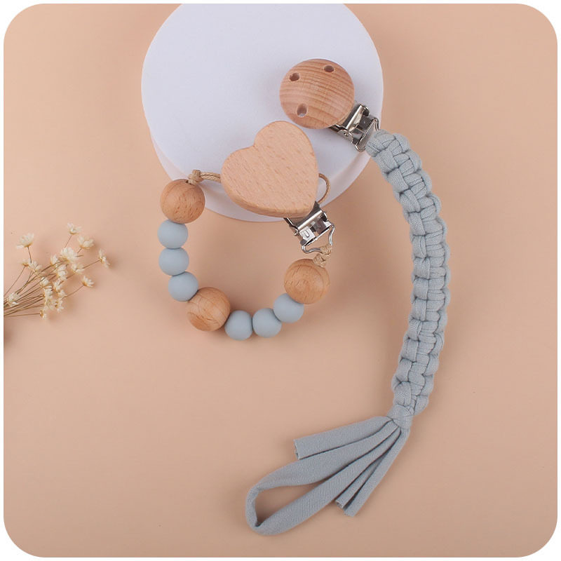 New baby products beech wood love clip to comfort baby cotton cloth anti-drop chain silicone beads pacifier chain set