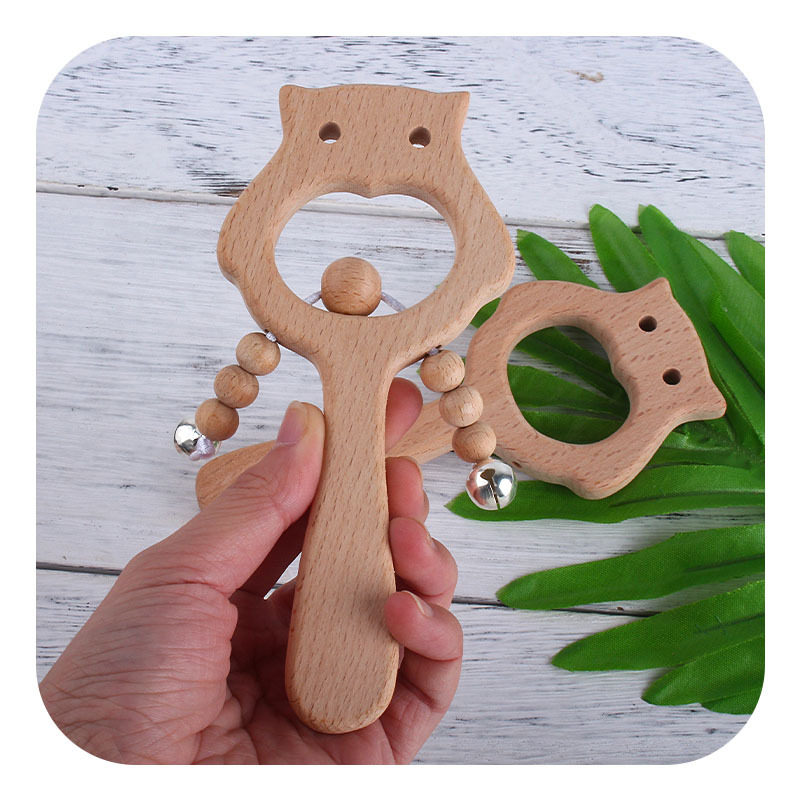 New DIY cartoon beech wood hand stick toy solid tooth holder owl brown bear rocking bell toy solid denture tooth grinding tooth stick