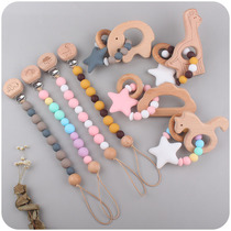 Baby Cartoon Beech Wood Clip Appeasement Baby Animal Teeth Gum Hand Ring Bites Rubber Pacifier Anti Drop Chain Suit