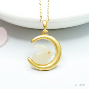 S925 silver inlaid natural hetian jade white jade pendant jade rabbit moon necklace jade rabbit rabbit clavicle chain birthday gift