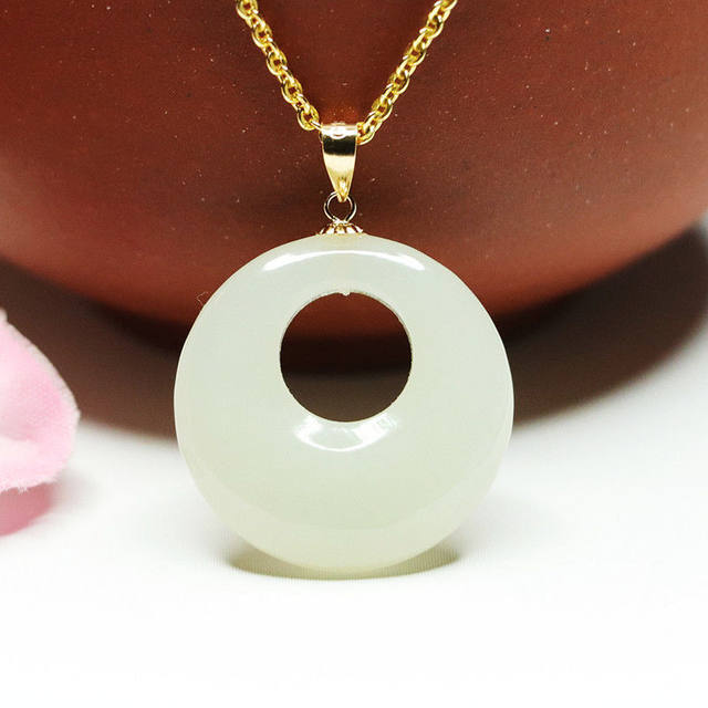 18K gold set with natural Hetian jade pendant white jade princess buckle safety buckle necklace jade gift jewelry high-end