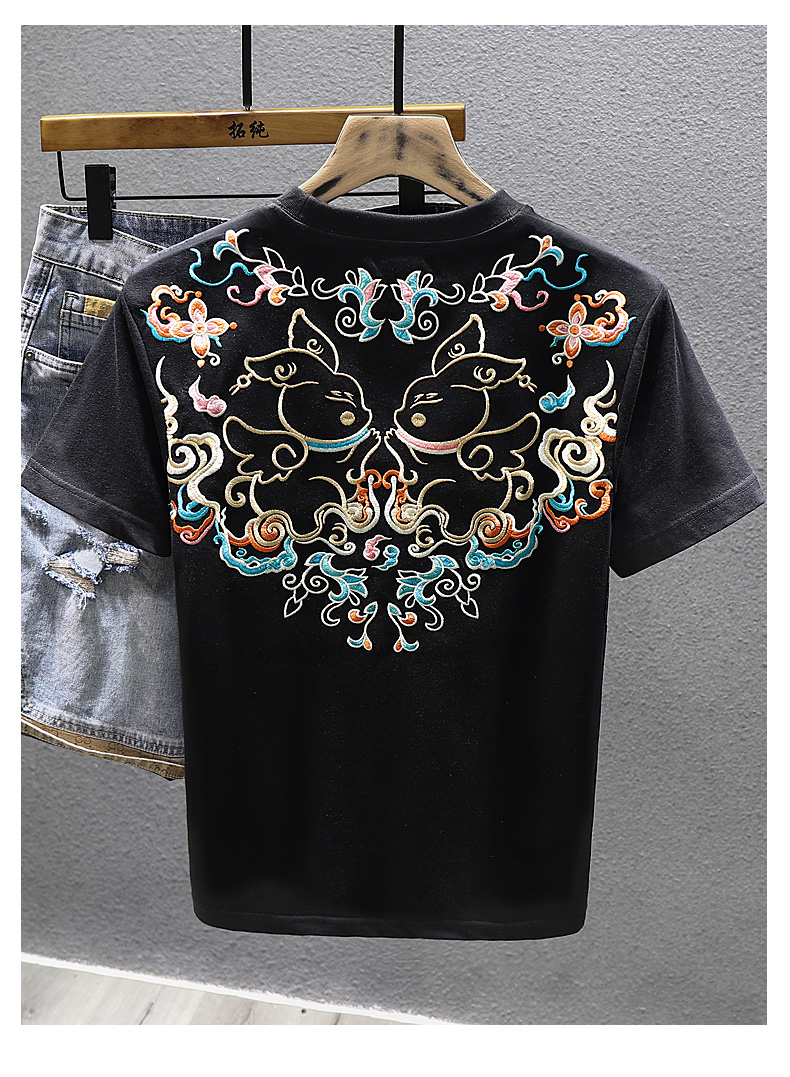 Chaopai Ethnic Style Rabbit Year Embroidered Short sleeved T-shirt for Men's 2023 Summer Pure Cotton Slightly Loose Half_voghion.com